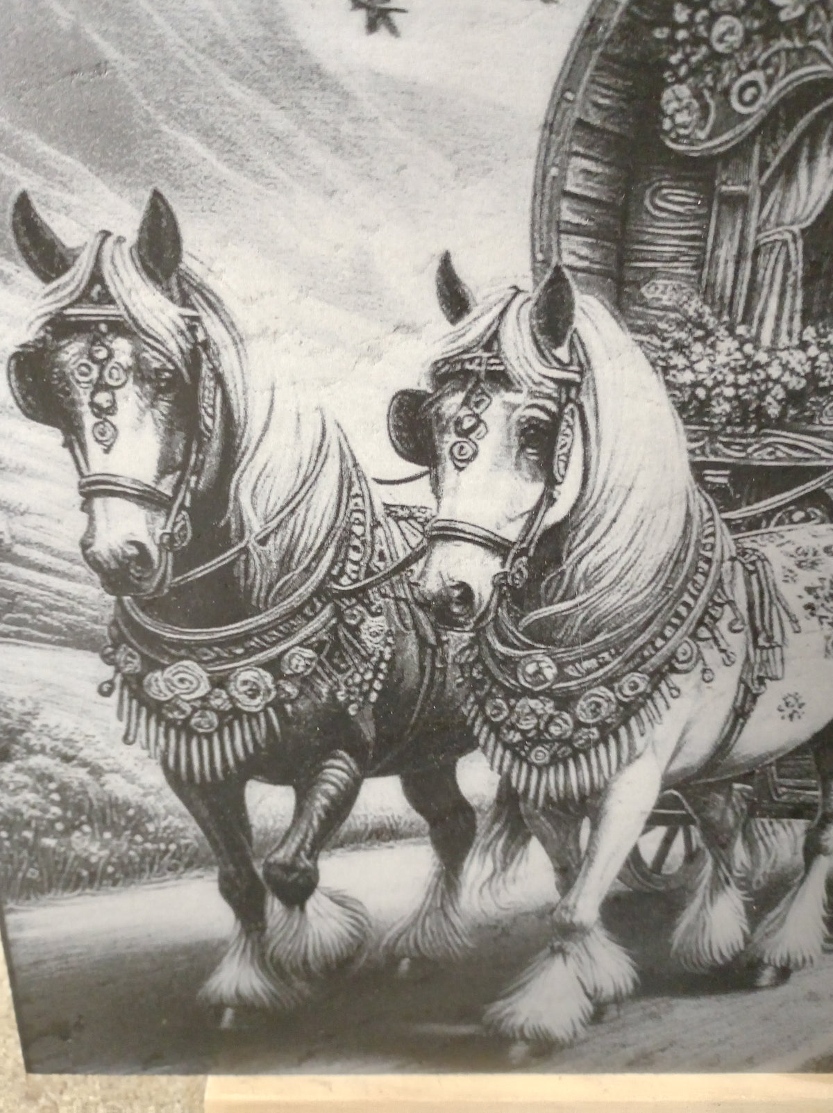 Unique Bow Top Wagon & Horses Engraved Slate