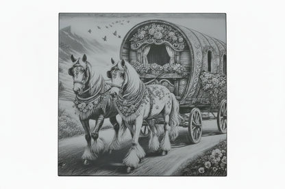 Unique Bow Top Wagon & Horses Engraved Slate